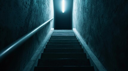 A dark, narrow stairwell descending into a hidden underground chamber, eerie lighting, and a chilling Halloween vibe