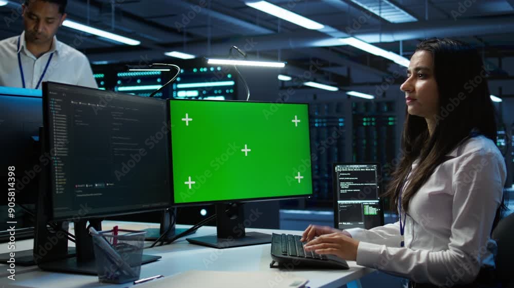 Poster admin in data center using mockup pc to design, implement and manage gear, ensuring optimal performa