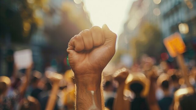Diverse crowd during peaceful protest in urban setting, with raised fists