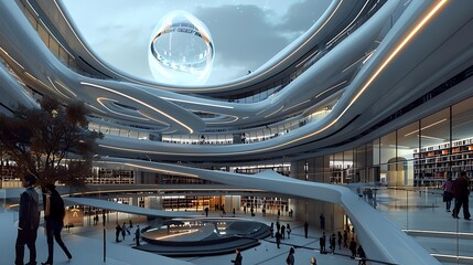 Obraz premium Futuristic University with Interactive Digital Campuses and Sleek Architecture