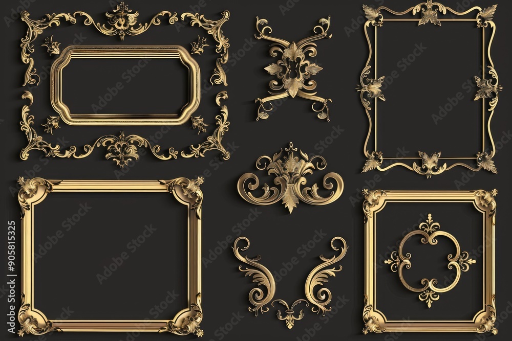 Poster set of four ornate gold frames with intricate scrollwork details, perfect for framing art or documen