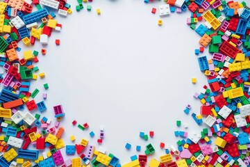 A scattered collection of colorful toy blocks surrounding a central white space, ideal for text or creative projects