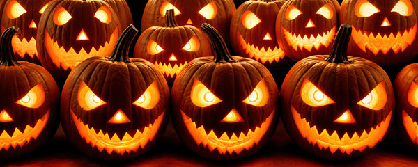 Halloween night with rows of scary orange jack o' lantern pumpkins, bright glowing eyes and creepy evil carved teeth will frighten any trick or treater.