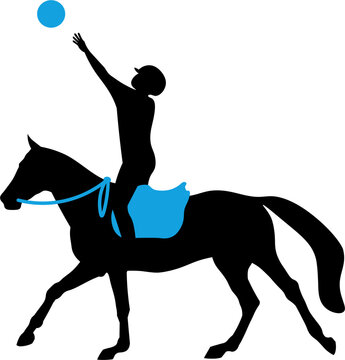 Black silhouette of a horseball player throwing a ball on horseback. Horseball involves players within a team passing and throwing a ball on horseback Scalable high resolution illustration, isolated. 