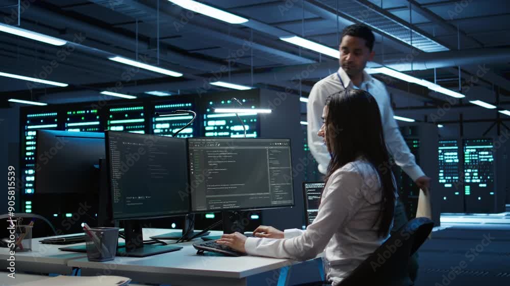 Poster computer scientists in data center managing and maintaining databases, ensuring data integrity and s
