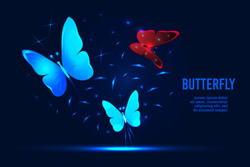 Beautiful colorful butterflies in a futuristic style. Vector illustration with light effect and neon illumination