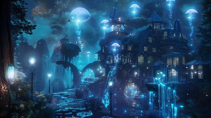 Obraz premium A Surreal Nightscape with Floating Rooms and Glowing Waterscapes
