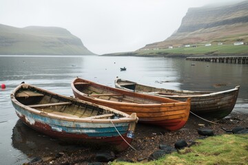 Fishing Boats Resting in Misty Harbor Village