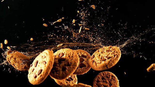 Delicious biscuits with chocolate explode with energy against a dark background.