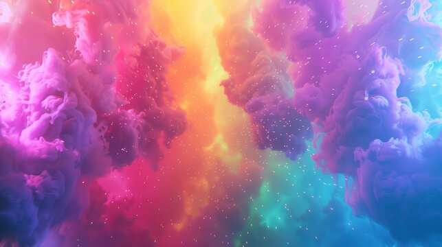 Clubs of multicolored neon smoke, ink. An explosion, a burst of holi paint. Abstract psychedelic pastel light background. 3D rendering. AI generated.