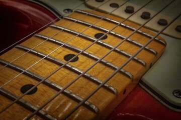 Guitar close up with shallow depth of field and selective focus