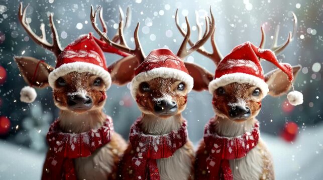 a festive wallpaper featuring cute deer dressed in Santa hats and scarves, christmas decoration tree. seamless looping time-lapse virtual 4k video animation background