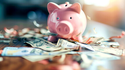 A vibrant pink piggy bank surrounded by scattered dollar bills, symbolizing savings and financial growth in a cheerful setting.