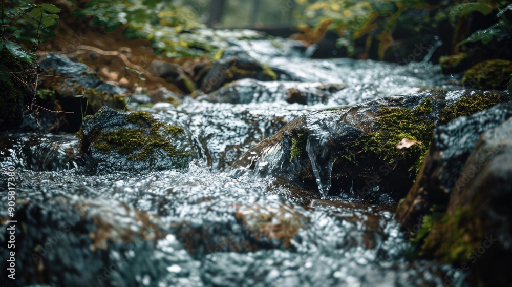 Poster Lush green forest with a flowing stream, great for outdoors and nature scenes