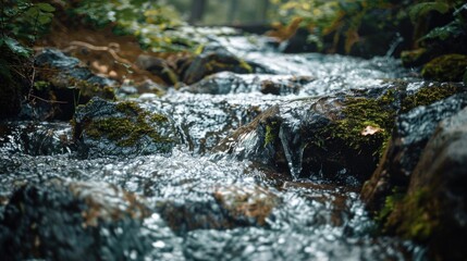 Fototapeta premium Lush green forest with a flowing stream, great for outdoors and nature scenes