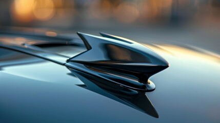 A closeup of a car antenna with a unique shape resembling a futuristic arrow piercing through the air.