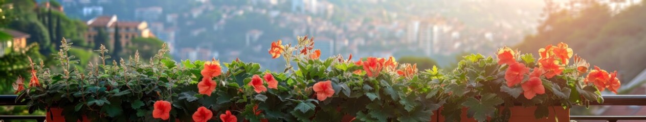 Lush Greenery and Vibrant Red Blossoms Overlooking the City from a Sunny Balcony, a Haven of Serenity Amidst Urban Landscapes.