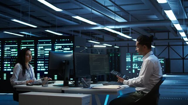 System administrator in data center installing software on computer, troubleshooting issues using tablet. IT staff member in server hub establishing performance benchmarks, camera B