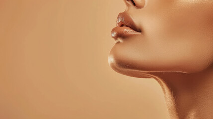 Close-up of female model's chin and lips against neutral background