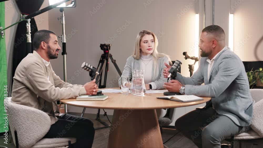 Poster podcast, people and meeting with mic in interview for live streaming, recording and guest on talk sh