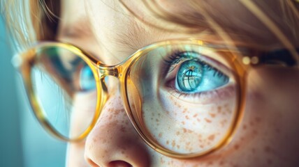 Close-up of child's freckled face with glasses and blue eyes