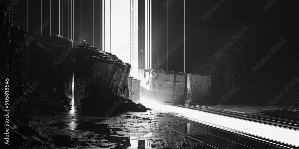Poster a black and white image of a train passing through a tunnel