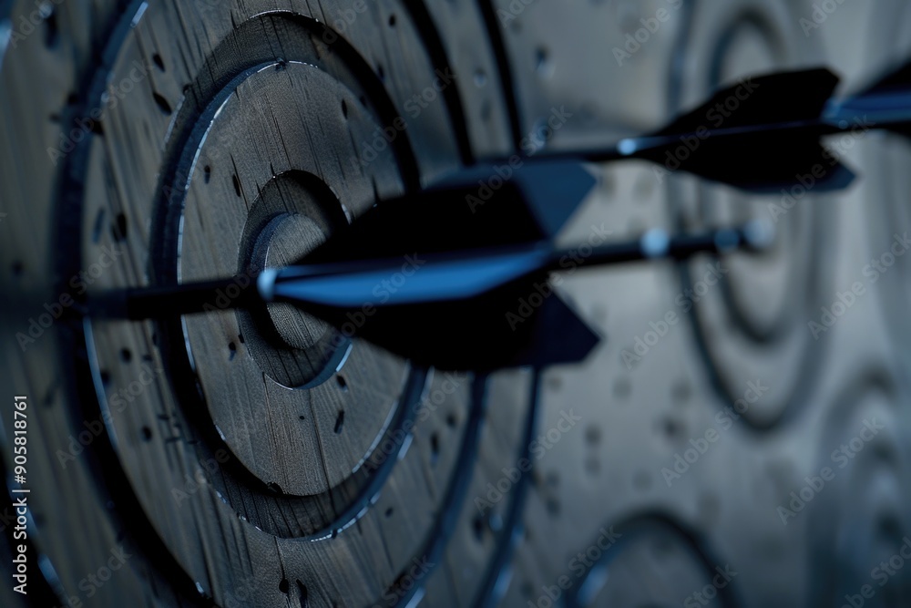 Poster close-up shot of two arrows aligned in the center of a bulls eye target