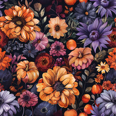 Fototapeta premium watercolor vinage flowers with illustrations pattern, vintage colors of orange and purple 