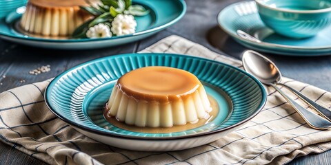 Vanilla flan on blue ceramic plate
