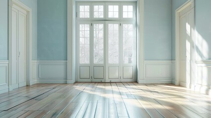 Bright empty room with large windows, wooden floor, and natural light