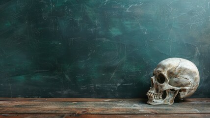 Human skull on wooden surface with chalkboard background