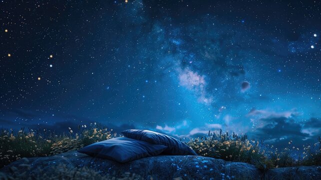 Scenic nighttime sky with galaxy of stars, two pillows on grassy knoll