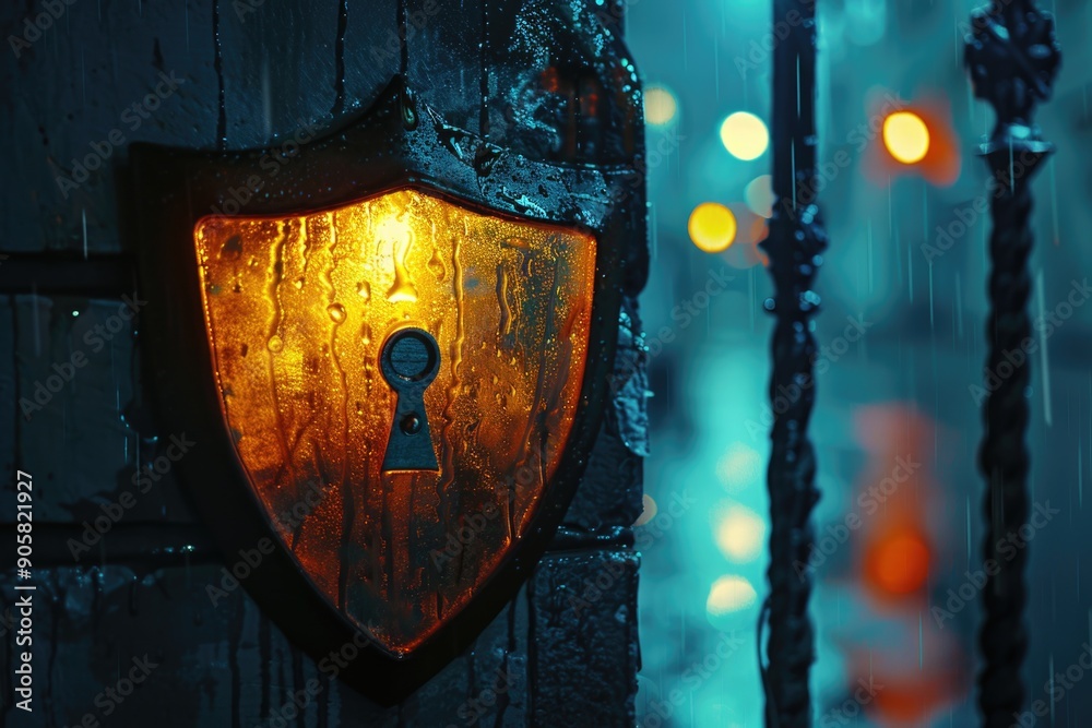 Poster close-up shot of a keyhole on a wooden door, suitable for use in architectural or design contexts