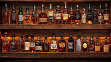 Bar shelves filled with generic liqour bottles lined up background wallpaper