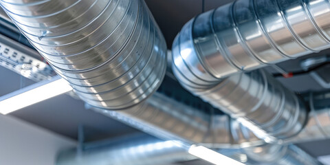 Ventilation system ductwork closeup. HVAC, air conditioning, ductwork under the ceiling, large room ventilation system