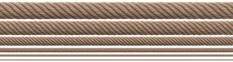 Various natural ropes of different thicknesses. Realistic 3D render.
