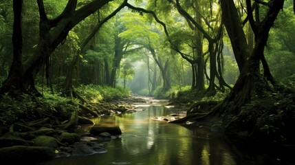 Serene Stream Winding Through A Lush, Sun-Dappled Rainforest