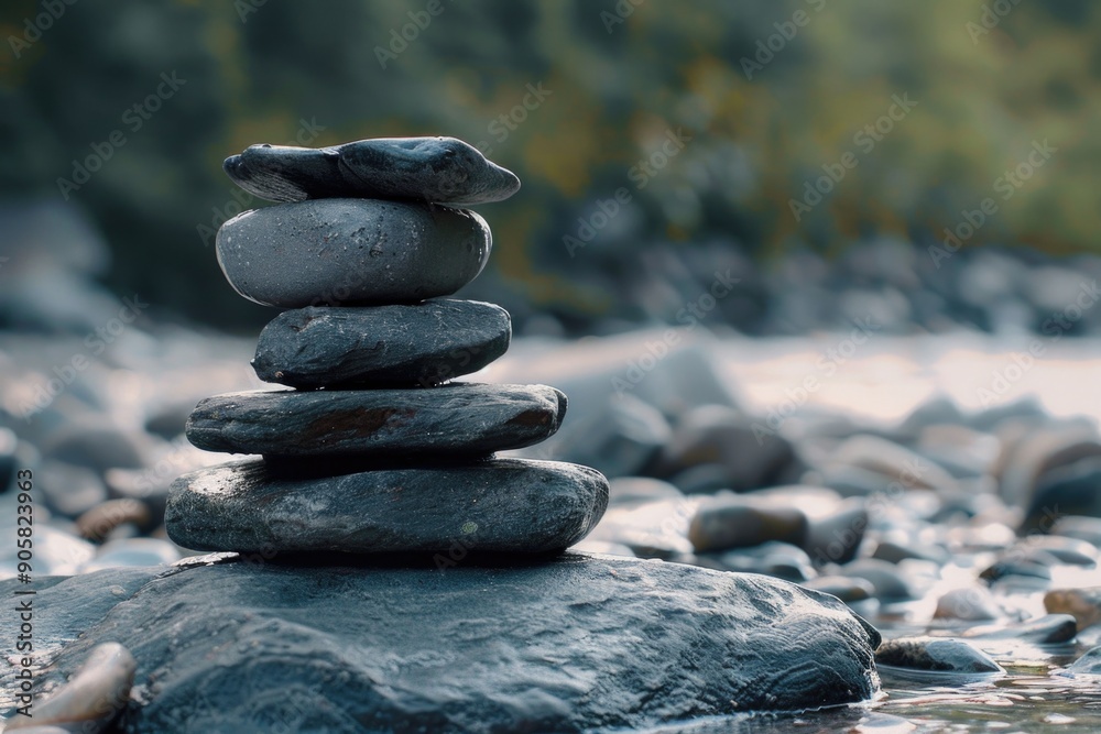 Poster a stack of rocks sitting on the surface of a river