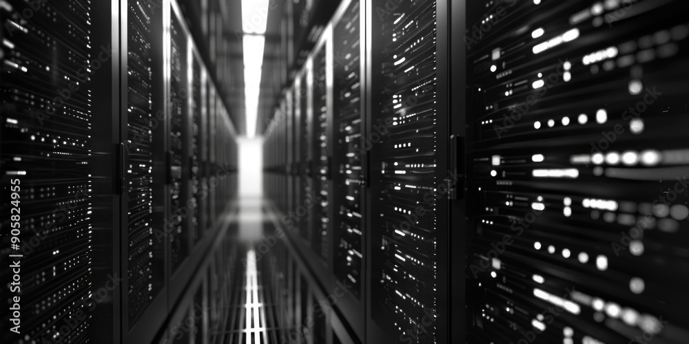 Poster Black and white photo of rows of servers in a data center or server room