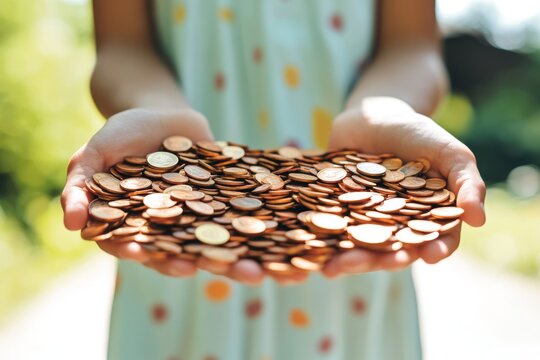 Child holding a pile of pennies symbolizing the value of small contributions savings and the importance of teaching financial literacy from a young age.