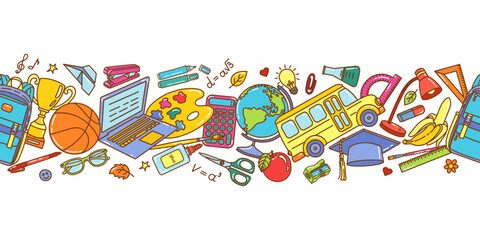 Colorful vector school themed seamless border featuring a variety of educational supplies and tools