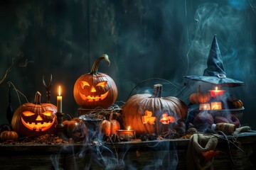 Halloween Pumpkins and Decorations on a Dark Table