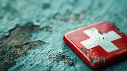 Weathered red badge with white cross on rustic surface
