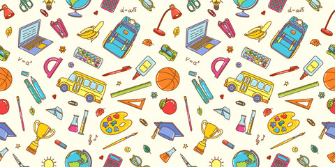 Seamless vector pattern of colorful school themed illustrations with educational supplies and tools