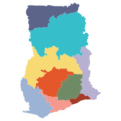 Ghana map. Map of Ghana in main regions in multicolor