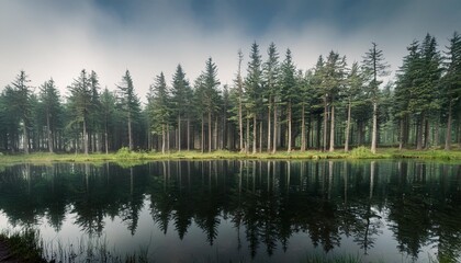 pine trees in black fir forest with reflection