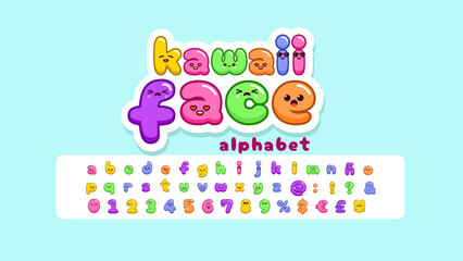 Kawaii cute faces, Kawaii emoticons, adorable characters alphabet. Lowercase Letters, vector font