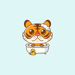 Cute bathing tiger time in bathtub kawaii chibi character mascot illustration outline style design