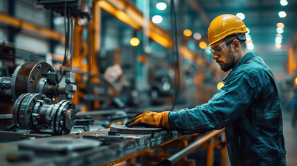 A factory worker in safety gear operating machinery in an industrial setting, highlighting manufacturing and labor.