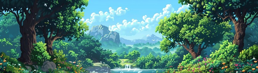 Naklejka premium whimsical pixel art scene of a biodiverse ecosystem seen from a slightly tilted angle Incorporate intricate details to showcase the beauty of natures balance and diversity